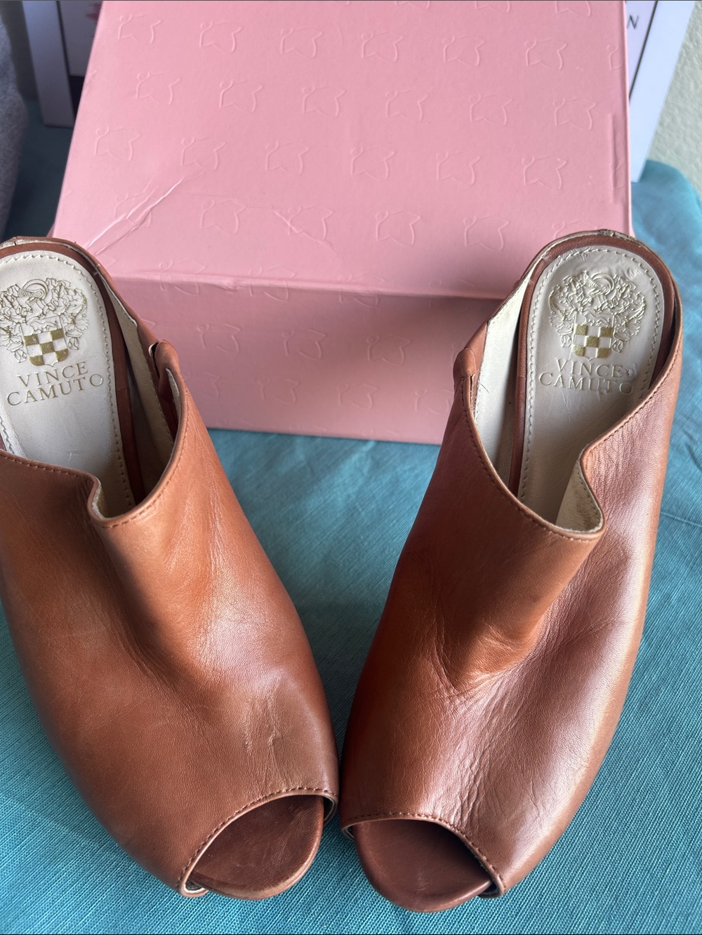 Vince Camuto Tan Leather Peep-Toe Mules
